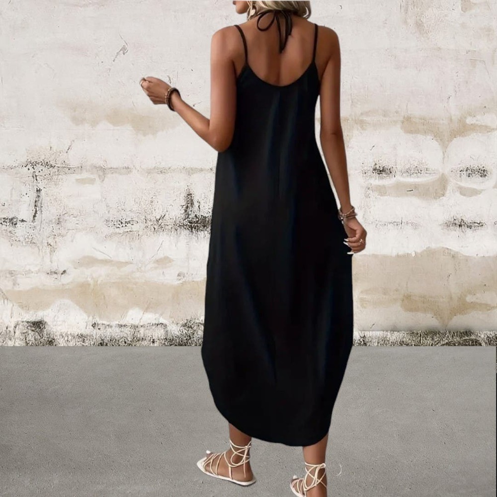 NEW Women's Black Solid Tie Neck Backless Cami Oversized Dress - Picture 2 of 2